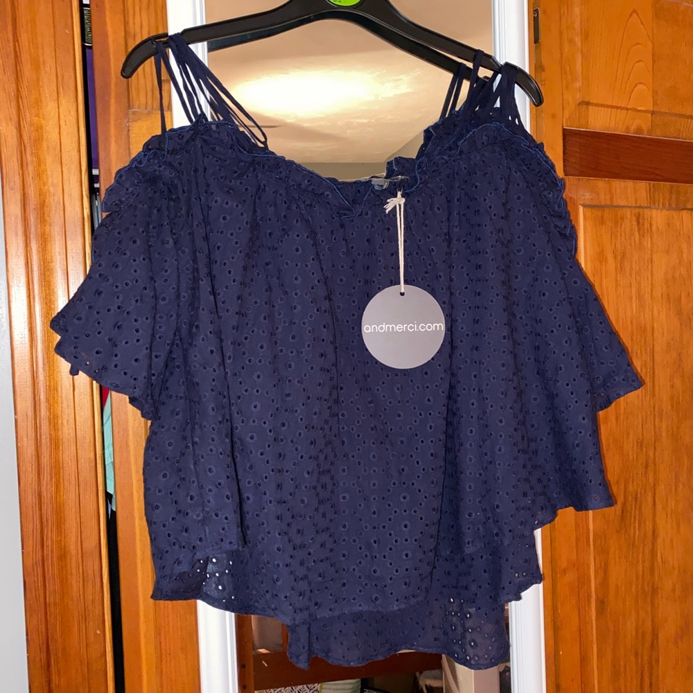 Blue Tie Sleeves Crop Lace Shirt